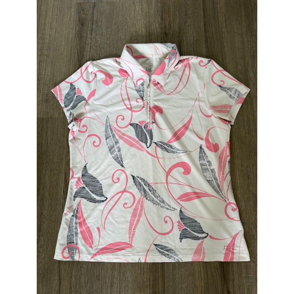 IZOD XFG Cool-FX Womens Golf Polo Shirt Pink Blue Floral Tropical Quarter Zip Lg